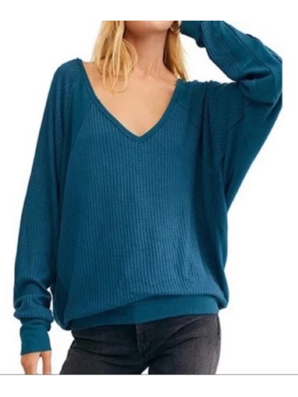 Free People Santa Clara V-Neck Thermal Long Sleeve Top Palace Teal Size XS NWT